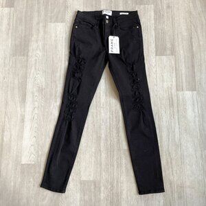 FRAME Le Skinny de Jeanne Ripped Jeans Film Noir Black Size 28 NEW NWT
